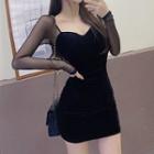 Open-back Mesh Panel Sleeve Sheath Dress