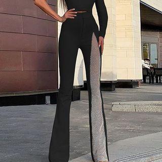 Sequined Mesh Panel Boot Cut Pants