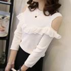 Frill Trim Cut Out Shoulder 3/4 Sleeve Knit Top
