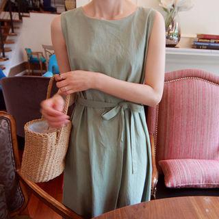 Sleeveless Linen Blend Dress With Sash