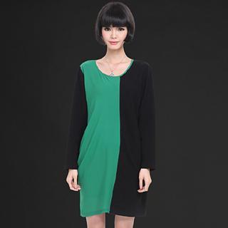 Long-sleeve Contrast-color Dress