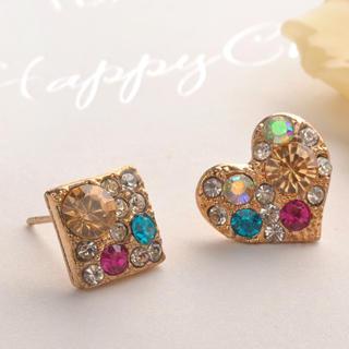 Heart & Square Unsymmetrical Colorful Diamond Earring One Size