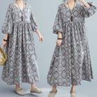 Long-sleeve Printed Midi A-line Dress Patterned - Gray - One Size