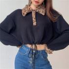 Leopard Print Panel Polo Sweatshirt