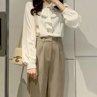 Set: Tie-neck Blouse + Straight Leg Pants