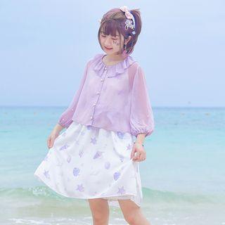 Plain Frill Trim Long-sleeve Chiffon Top