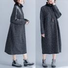 3/4-sleeve Striped Midi Dress Stripes - Black & Gray - One Size