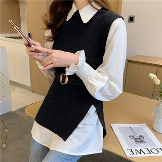 Set: Bell-sleeve Collared Blouse + Sweater Vest