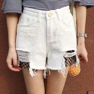 Mesh Insert Distressed Denim Shorts