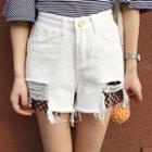 Mesh Insert Distressed Denim Shorts