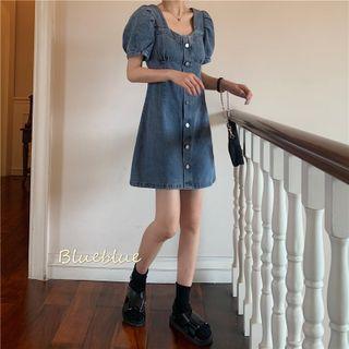 Square-neck Washed Denim Button-up A-line Mini Dress