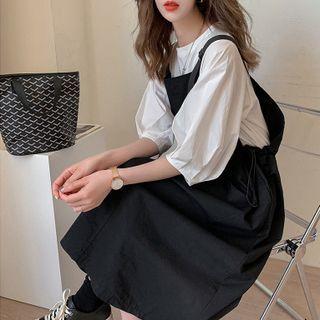 Set: Puff-sleeve Blouse + Drawstring Midi Overall Dress