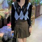 Collared Argyle Long-sleeve Top / High-waist Accordion Pleat Mini Skirt