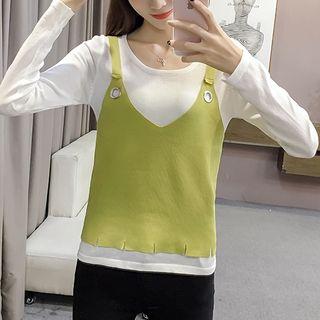 Set: Long-sleeve Top + Spaghetti Strap Knit Top