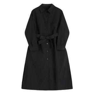 Long-sleeve Tie-waist Midi Shirtdress Black - One Size