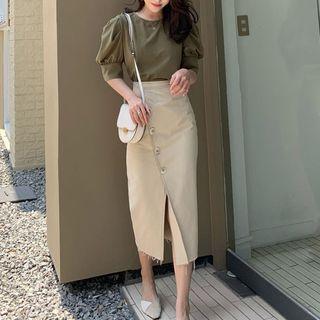 Puff-sleeve Plain Crew-neck Top