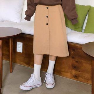 Band-waist Button-front Midi Skirt With Belt