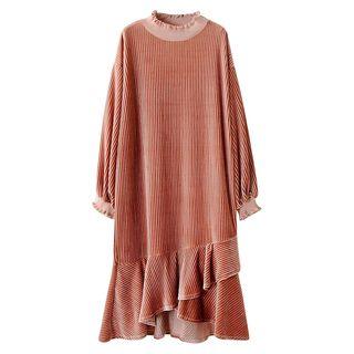 Ruffle Velvet Long-sleeve Dress