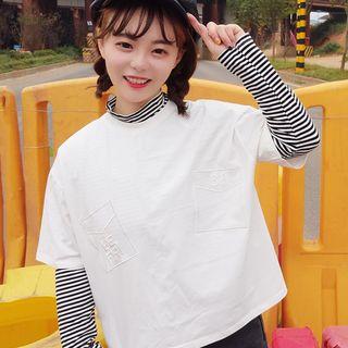 Set: Striped Long Sleeve T-shirt + Embroidered Short Sleeve T-shirt