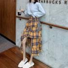 Set: Plain Mock-neck Long-sleeve Loose-fit T-shirt + Plaid Skirt As Figure - One Size