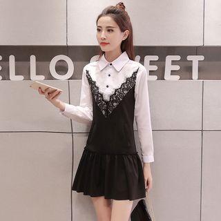Mock Two Piece Lace Trim Shirtdress