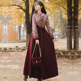 Ruffled Plaid Long-sleeve Midi A-line Dress