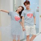 Couple Matching Short-sleeve Lettering T-shirt / Mesh Panel T-shirt Dress