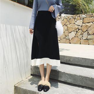 Contrast Trim Midi A-line Knit Skirt Black - One Size