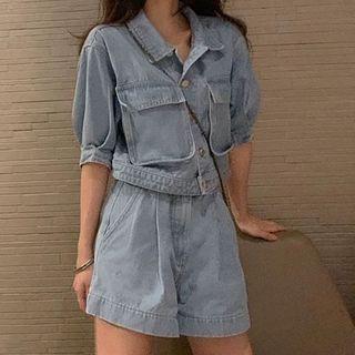 Set: Elbow-sleeve Button Denim Jacket + Shorts
