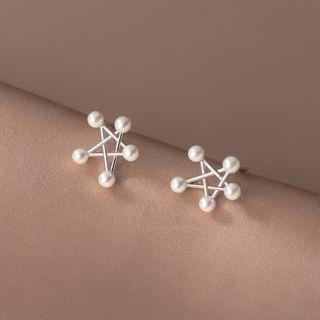 Faux Pearl Star Stud Earring 1 Pair - S925 Silver - Silver - One Size