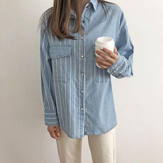 Striped Long-sleeve Denim Shirt Blue - One Size
