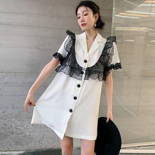 Short-sleeve Notch Lapel Panel Polka Dot Mesh Dress