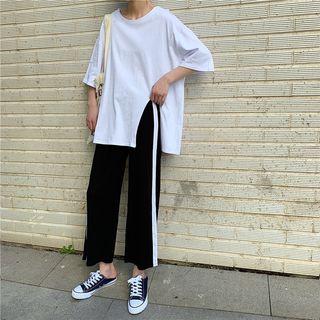 Elbow-sleeve Plain T-shirt / Wide Leg Pants