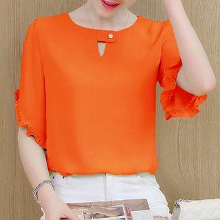 Plain Frill Trim Short Sleeve Chiffon Blouse