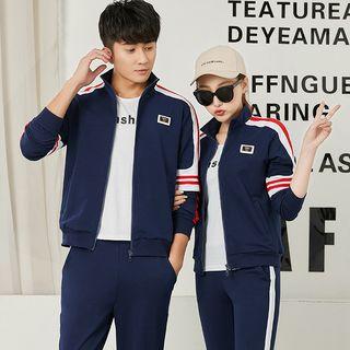 Couple Matching Lettering Short-sleeve T-shirt / Striped Zip Jacket / Color Block Sweatpants
