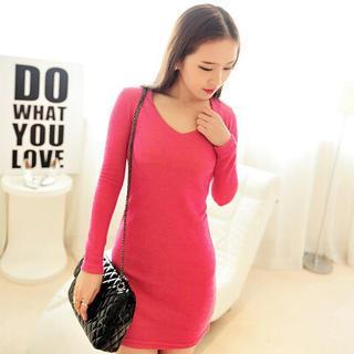 Long-sleeve V-neck Knit Dress