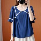 Ruffle Trim Short-sleeve Top Sapphire Blue - One Size
