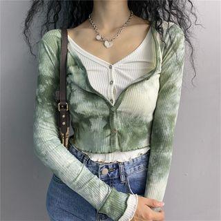 V-neck Mock Two Piece Tie-dye Long-sleeve Top