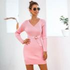 V-neck Knit Belt Slim-fit Mini Dress