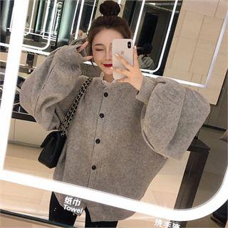 Round-neck Balloon-sleeve Cardigan Gray - One Size