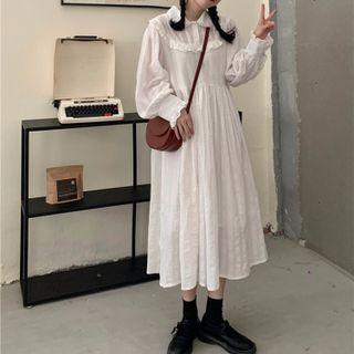 Long-sleeve Collared Midi A-line Dress White - One Size
