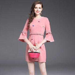 Embroidered Faux Suede Bell-sleeve Dress