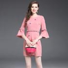 Embroidered Faux Suede Bell-sleeve Dress