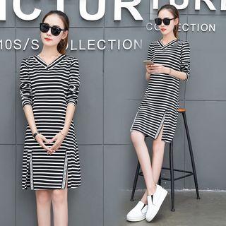 Slit Front Striped T-shirt Dress