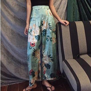 Set: Plain Tank Top + Floral Print Wide-leg Pants