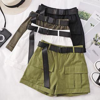 Plain Roll-up High-waist Cargo Shorts