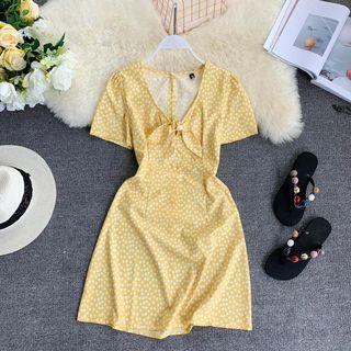 Short-sleeve Dotted A-line Dress Yellow - One Size