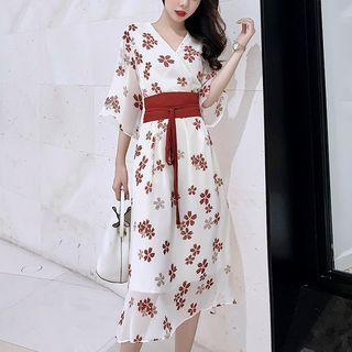 3/4-sleeve Printed Tie-waist A-line Midi Dress