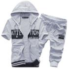 Set : Contrast Letter Short-sleeve Hooded Jacket + Cropped Pants