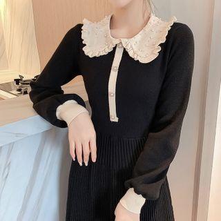 Long-sleeve Knit Frill Trim A-line Dress